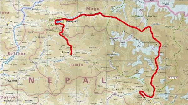 徒步旅行的地图。从 JUMLA 机场经 MUGU、DOLPO 到 JUPHAL 机场