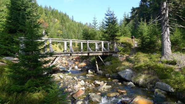 Uma ponte de madeira sobre o Córrego do Diabo