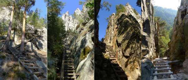 Climb the ladders to the ridge of rocks