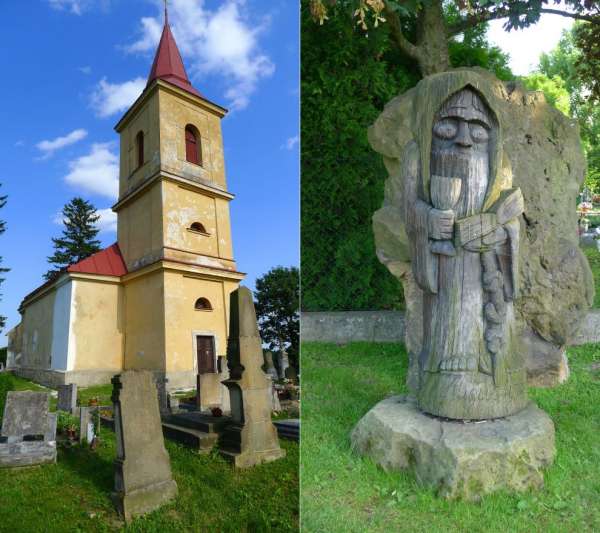 Kostol, cintorín a drevený mních