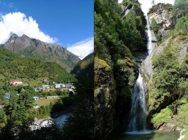 Antes de Phakding e a cachoeira em Toktok